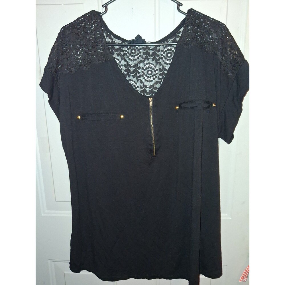 Flower & Feather Women's 3XL Black Lace Short Sleeve Top Gold Zip Plus Size...